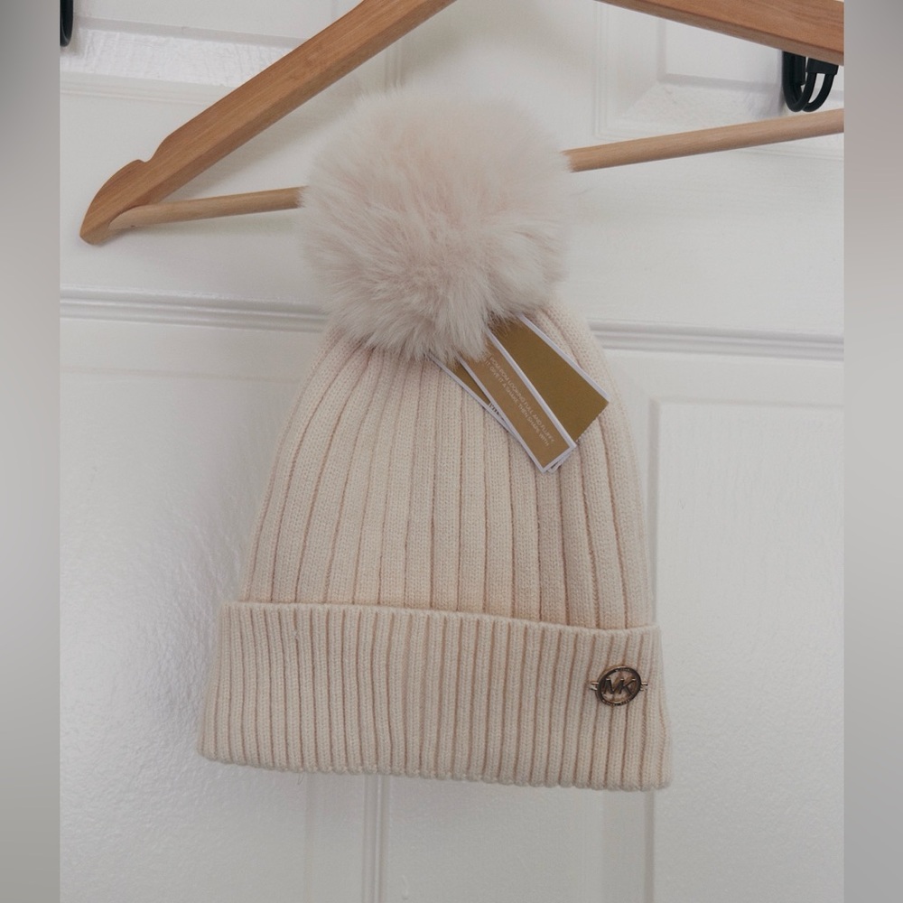 Michael Kors Light Cream Ribbed Knit Beanie with Pom